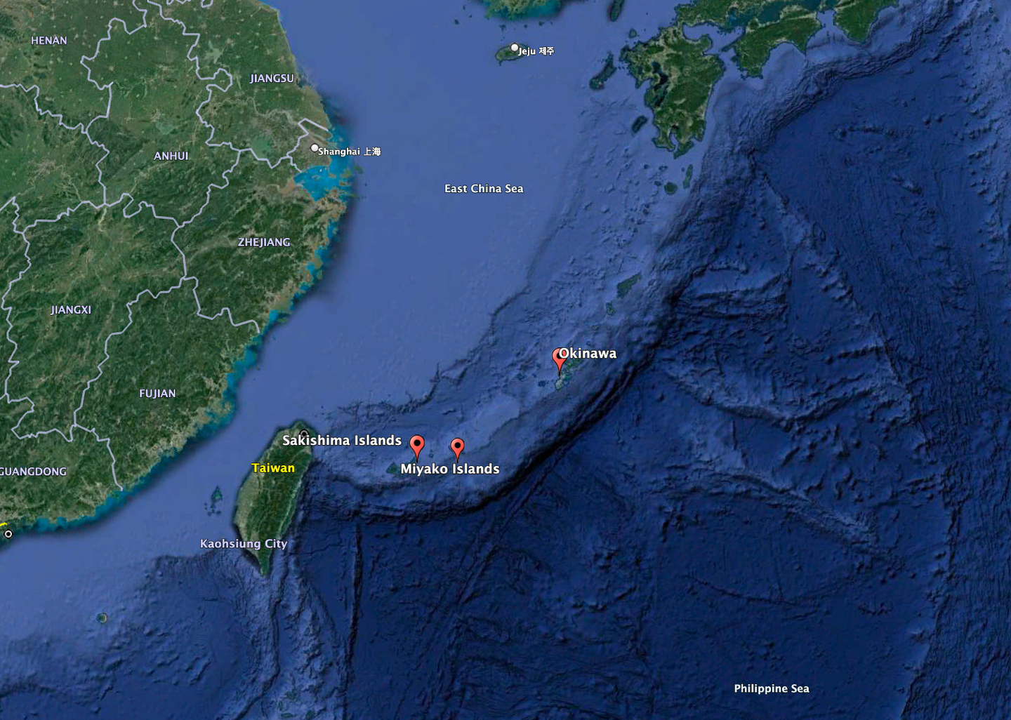 The approximate locations of the islands associated with the drone intercepts over the last two days. <em>Google Earth</em>