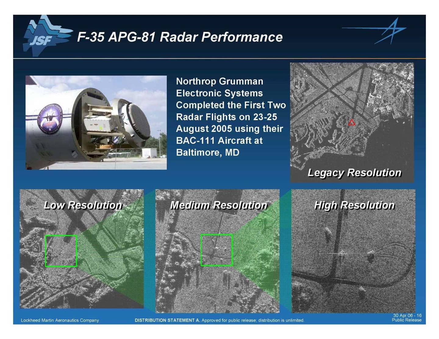 A Lockheed Martin slide detailing the performance of the F-35's current radar, the AN/APG-81. <em>Credit: Lockheed Martin</em>