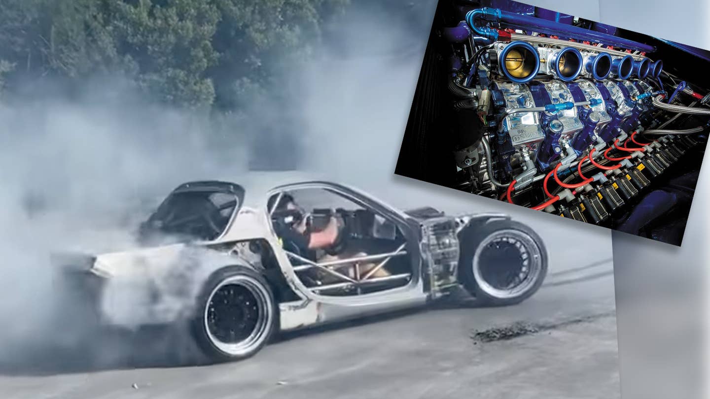 Wankel six-rotor Mazda RX-7 kicks up tire smoke