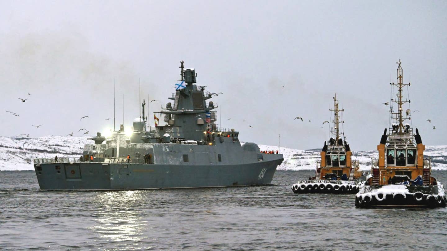 The Russian Navy's frigate <em>Admiral Gorshkov</em> leaves port on, or about, January 4, 2023. <em>TASS</em>