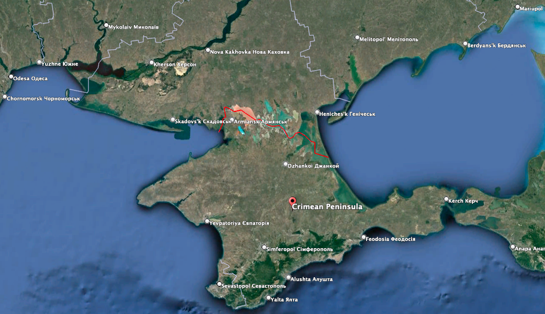 With its Guided Multiple Launch Rocket System (GMLRS) munitions, Ukraine has fire control over much of the land corridor to Crimea, a Ukrainian intelligence official noted Tuesday. (Google Earth image)