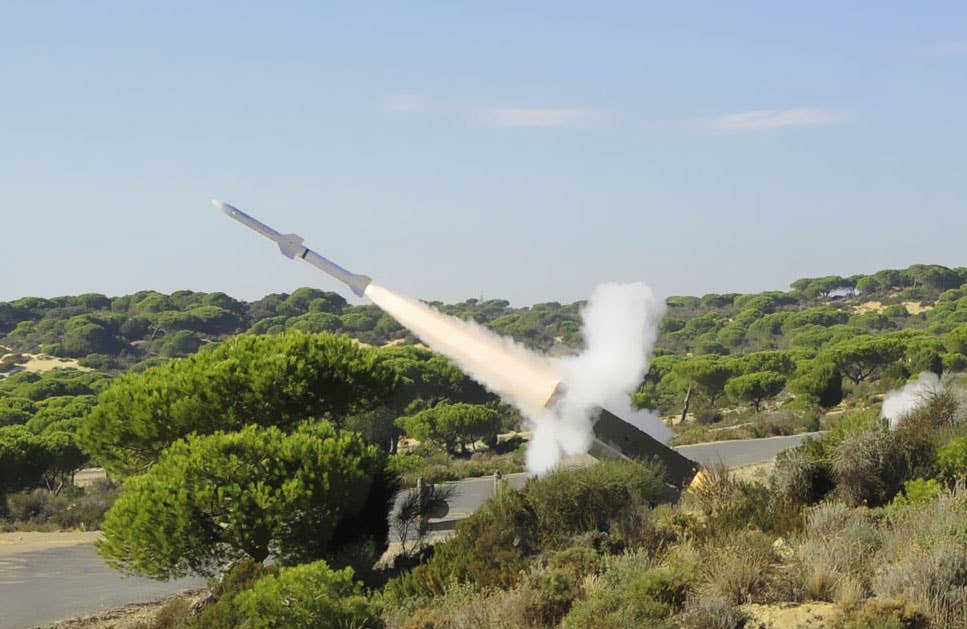 An Aspide 2000 missile fired from a Spanish Air Force launcher during an exercise in 2013. <em>Spanish Air Force</em>