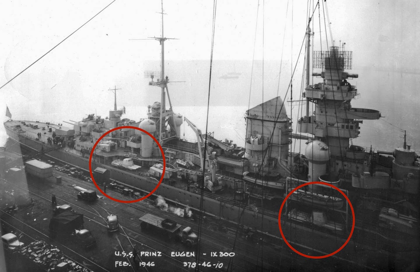 German cruiser <em>Prinz Eugen</em> at Philadelphia Navy Yard, February 1946. Note the torpedo launchers circled in red. <em>U.S. Navy photo/Wikimedia Commons</em>