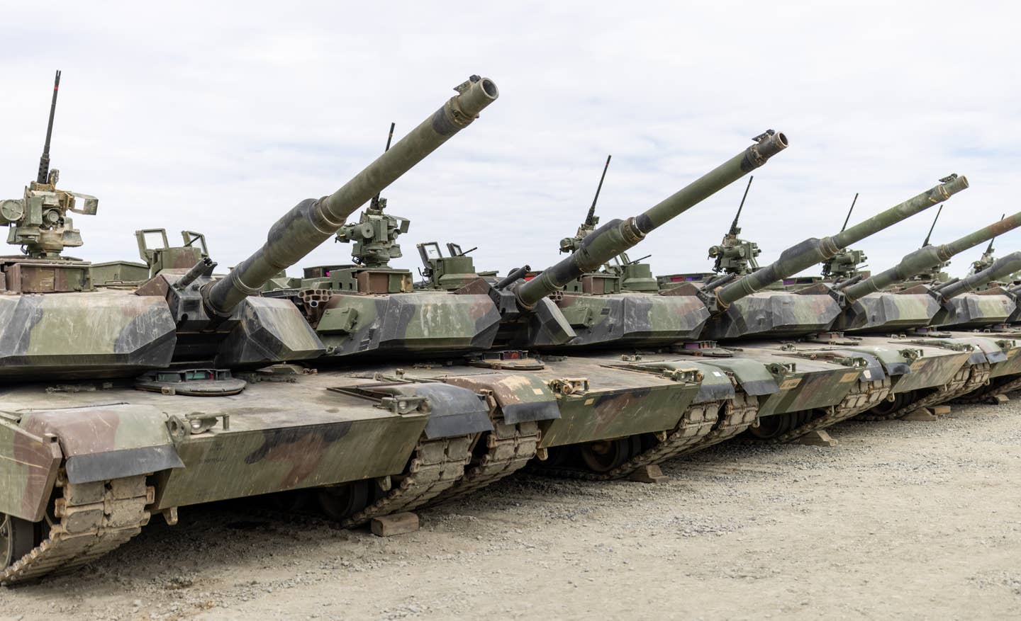 Abrams tanks stand on the grounds of the 1st Brigade of the 3rd Infantry Division (Raider Brigade) during a visit by the German president to U.S. forces in Grafenwoehr. (Photo by Daniel Karmann/picture alliance via Getty Images)
