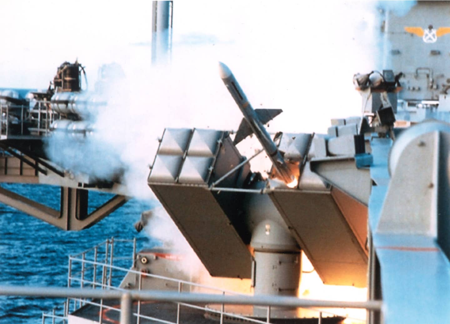 A RIM-7 Sea Sparrow missile is launched from the aircraft carrier USS <em>John C. Stennis</em> (CVN-74) during an exercise in August 1997. <em>U.S. Navy</em>