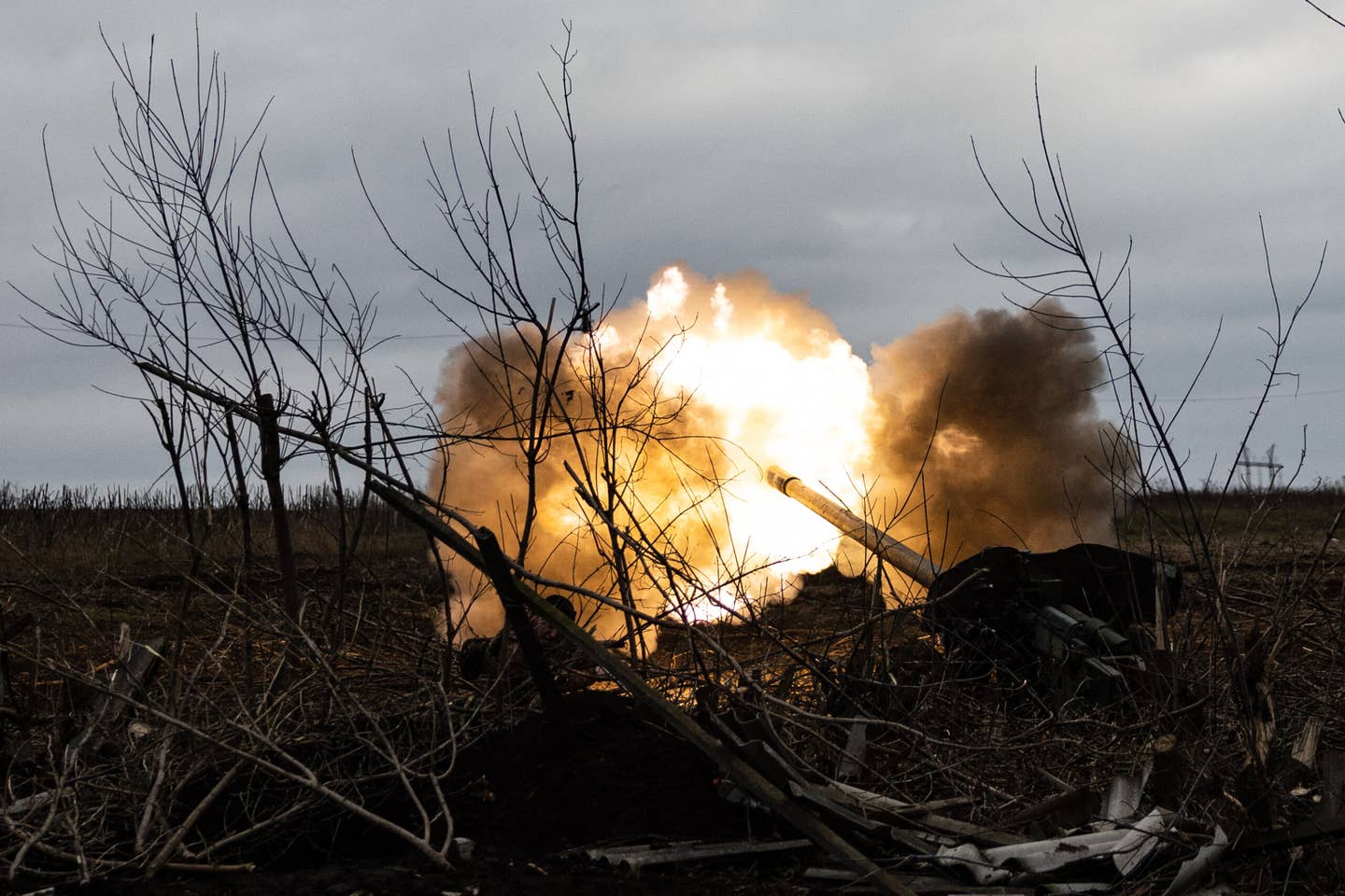 Ukrainian artillery fires toward Russian positions on the outskirts of Bakhmut in Donetsk Oblast. (Photo by Sameer Al-DOUMY / AFP) (Photo by SAMEER AL-DOUMY/AFP via Getty Images)