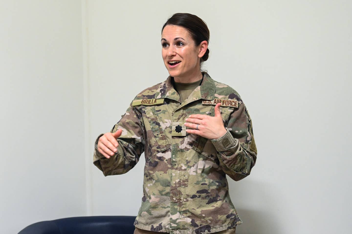 U.S. Air Force Lt. Col. Erin Brilla, Task Force 99 commander, briefs during a distinguished visitor visit at Al Udeid Air Base Qatar, October 28, 2022. <em>Credit: U.S. Air Force photo by Staff Sgt. Cassandra Johnson</em>