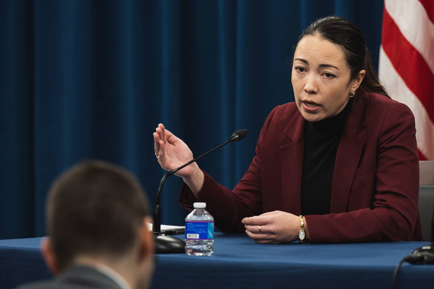 CENTCOM's first-ever CTO Schuyler Moore conducts a press briefing on artificial intelligence and unmanned systems at the Pentagon, Washington, D.C., Dec. 7, 2022. <em>Credit: Photo by U.S. Navy Petty Officer 2nd Class Alexander Kubitza</em>