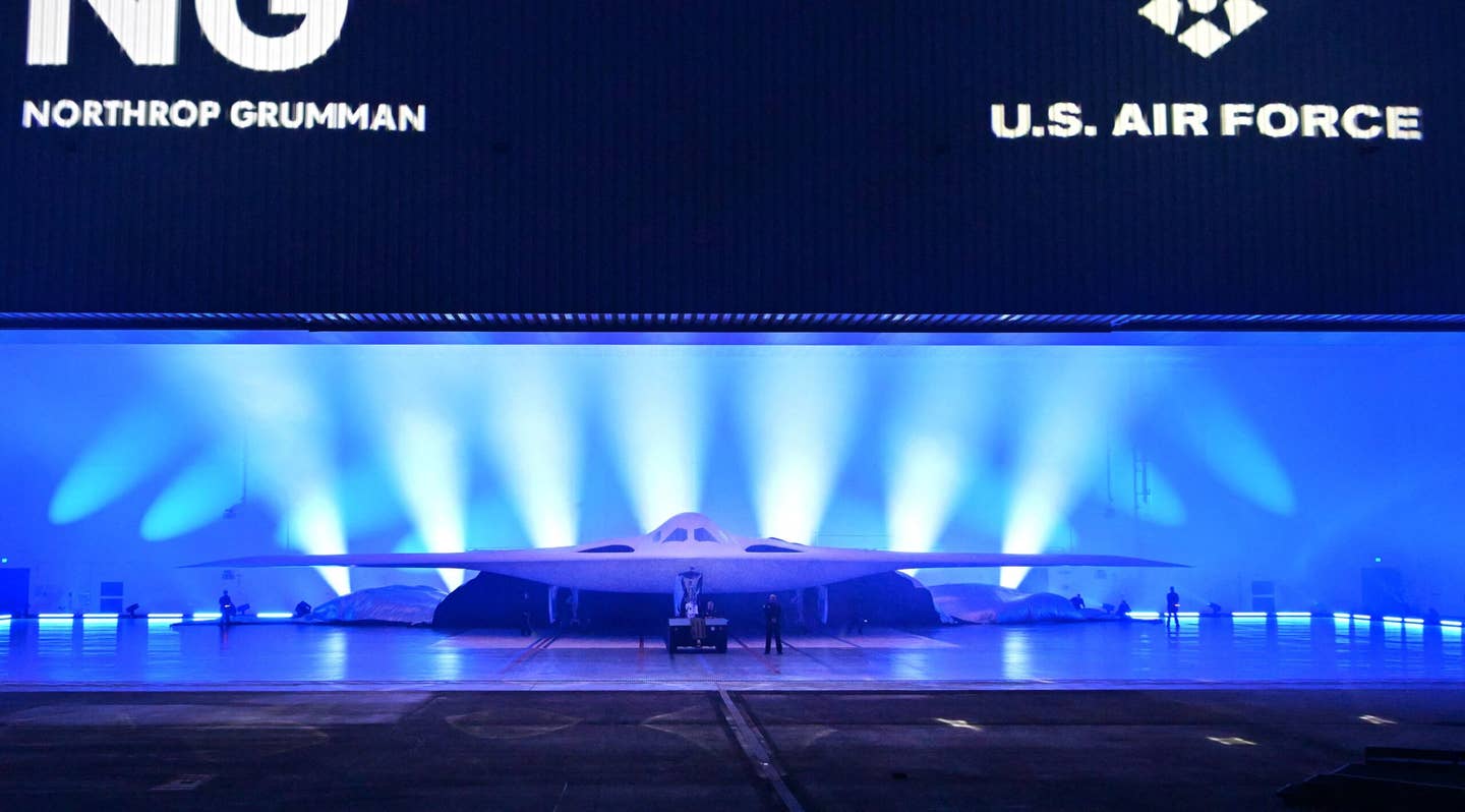 The new B-21 Raider is unveiled during a ceremony at Northrop Grumman's Air Force Plant 42 in Palmdale, California, December 2, 2022. (Photo by FREDERIC J. BROWN/AFP via Getty Images)