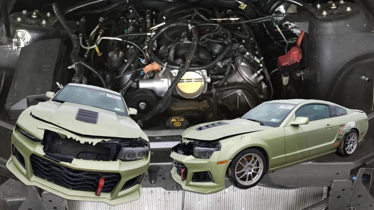 Chevy Camaro-faced Ford Mustang against its engine bay with an LS3 V8