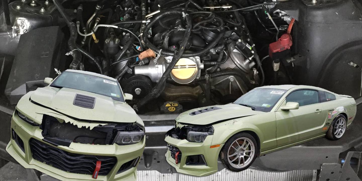 That Crashed Ford Mustang With a Chevy Camaro Face Has an Amazing Back Story