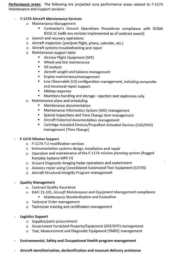 The full list of the prospective "performance areas" outlined in the September 2022 F-117A support services RFI. <em>USAF</em>