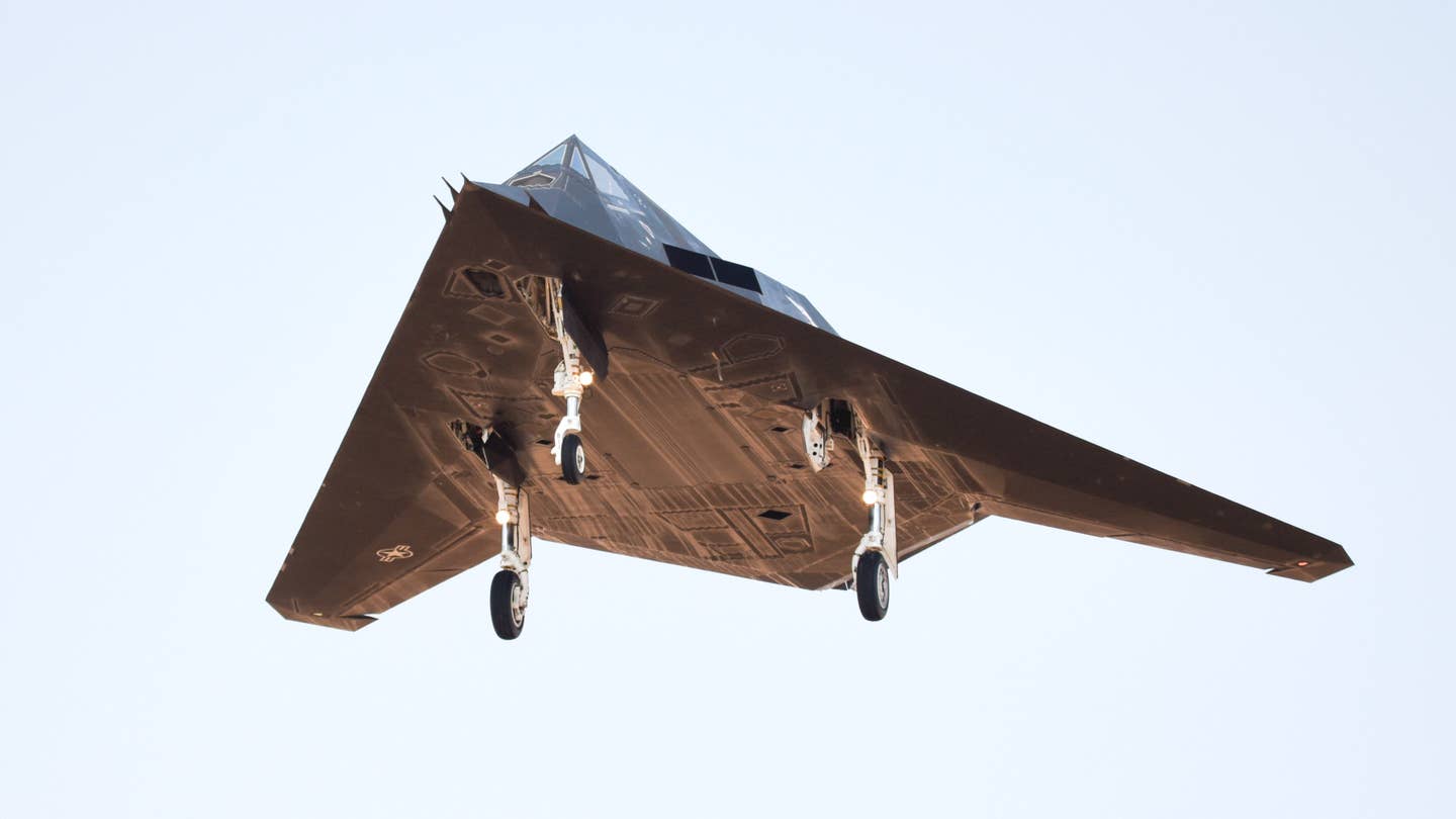 An F-117A Nighthawk lands at the Fresno Yosemite International Airport on September 15, 2021, after conducting a training mission. <em>Air National Guard</em>&nbsp;
