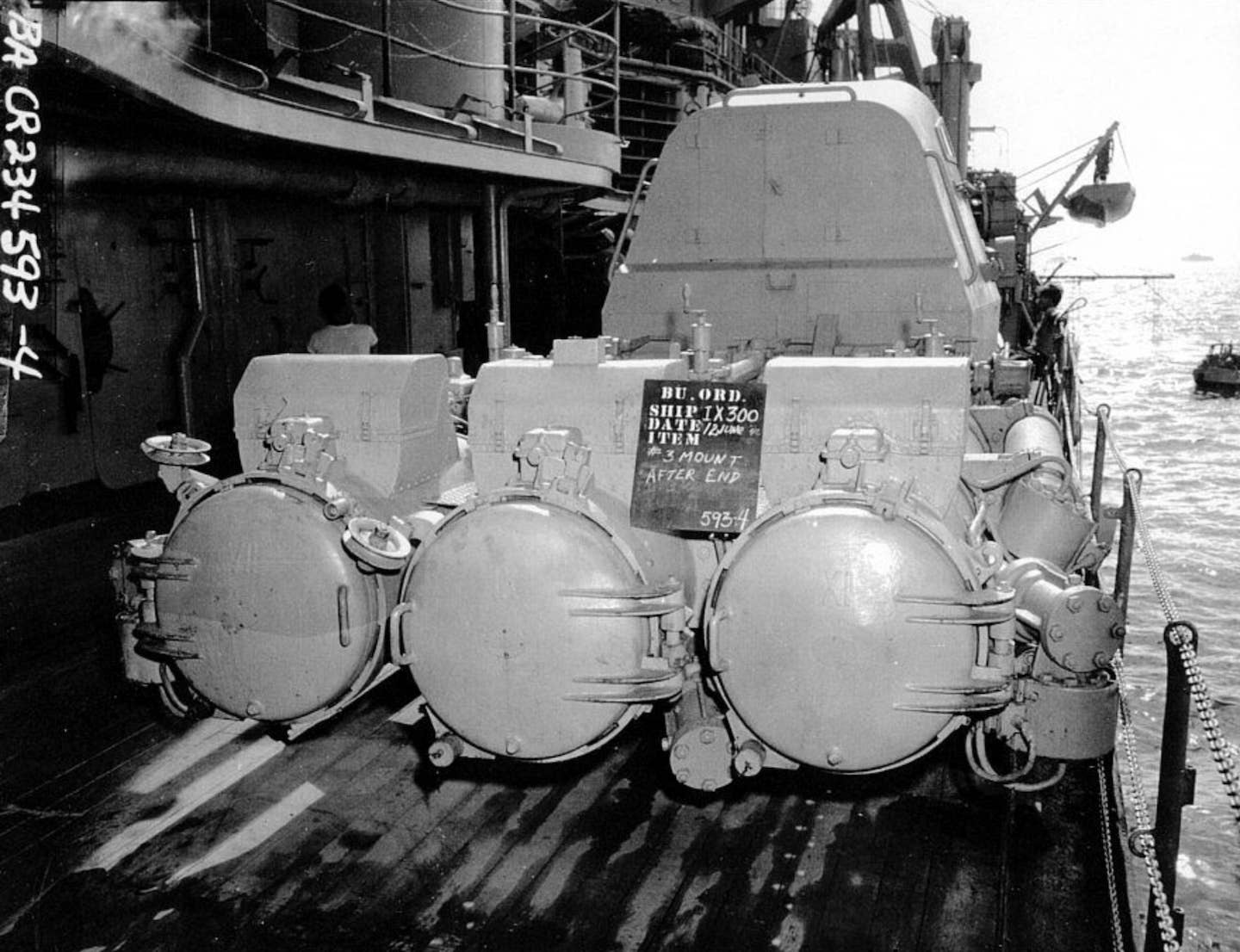 A rear view of number three mount. The operator entry hatch can be seen towards the back of the enclosed firing station. <em>U.S. Navy photo</em>