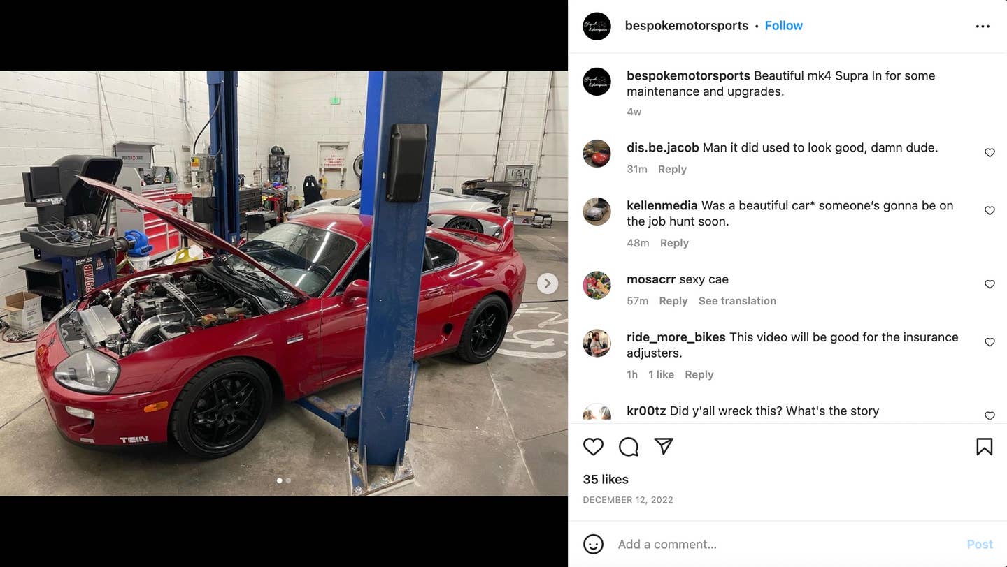 Bespoke Motorsports Instagram post of possibly wrecked 1997 Toyota Supra Turbo. <em>Instagram</em>
