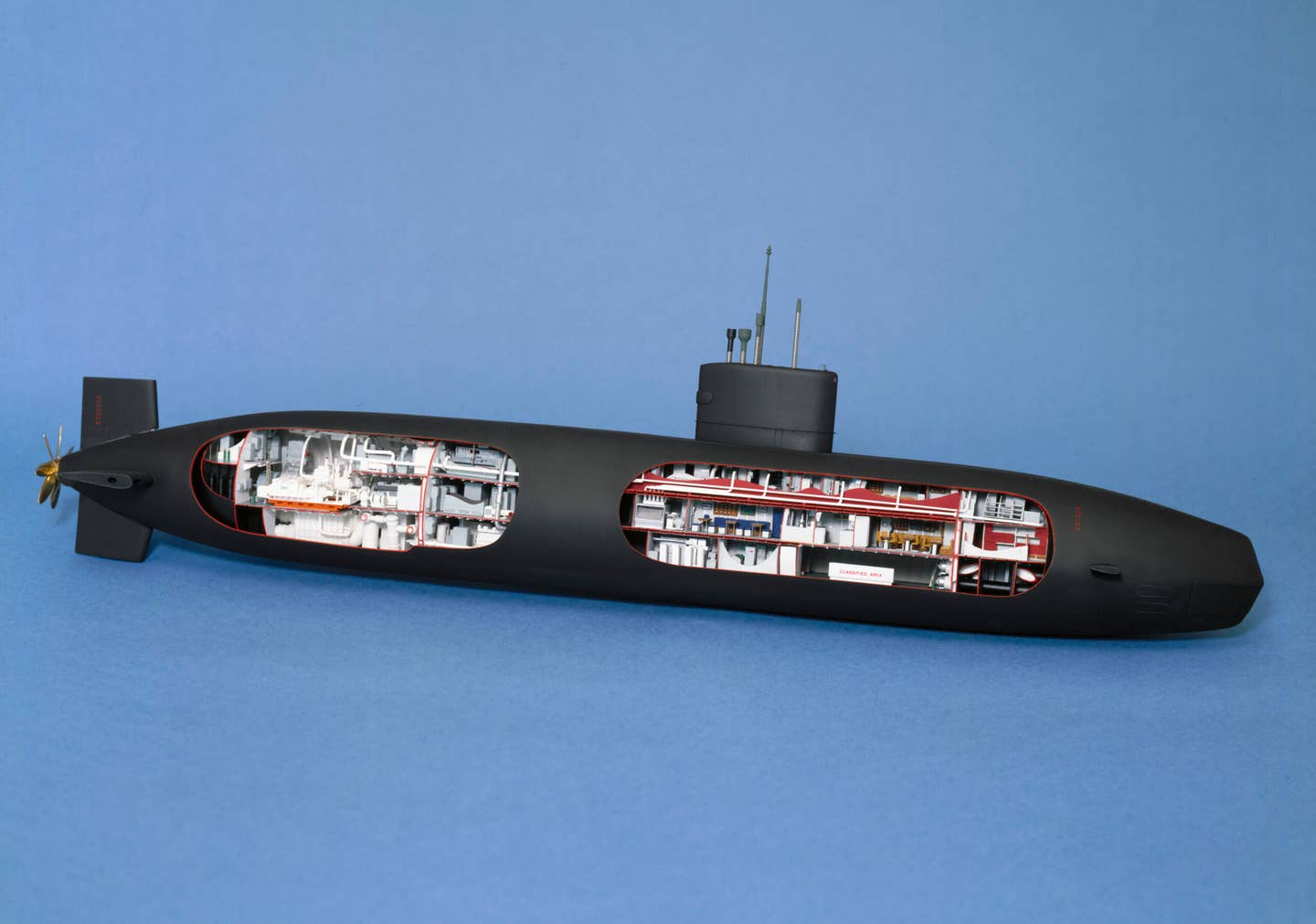 A partial cut-away model of the <em>Swiftsure</em> class nuclear-powered attack submarines. <em>Photo by SSPL/Getty Images</em>