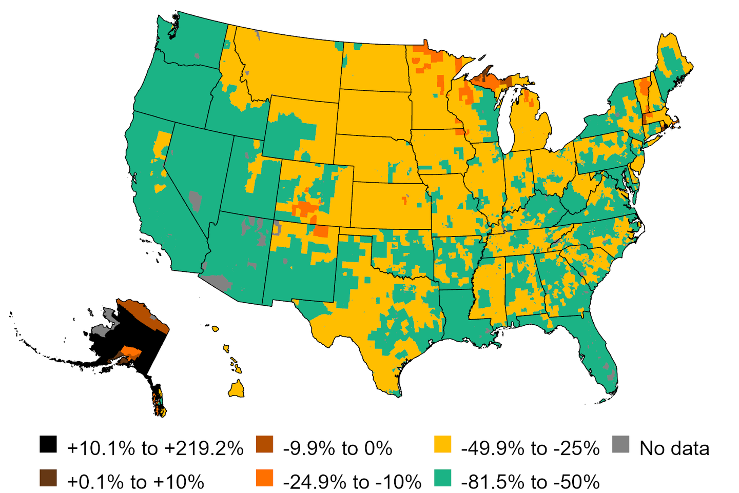 Map of percentage change in transportation energy burden from current on-road vehicle stock to a new battery-electric vehicle. Negative percentages indicate energy cost savings for EVs compared to gasoline powered vehicles. Areas with the greatest savings, shown in green, include the West Coast states and parts of the East and South. Transportation energy burden is the percentage of household income spent on fueling with gasoline or charging with electricity. (Univerisity of Michigan)<br><br>