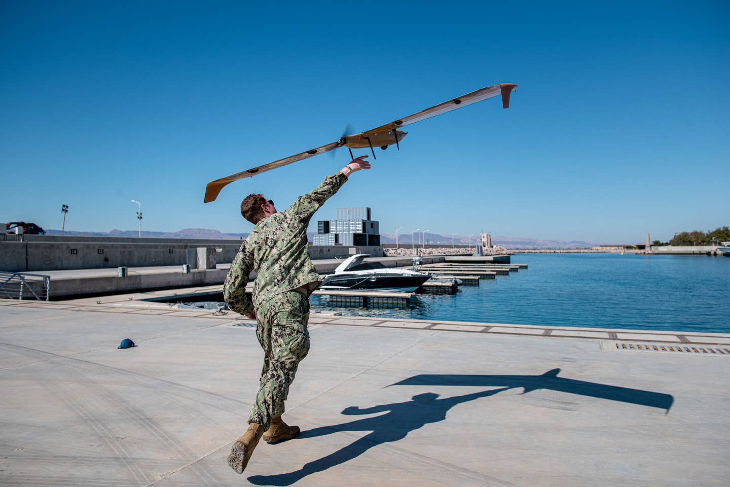 Lt. j.g. Jay Faylo assigned to Task Force 59, launches an M5D Airfox UAS during International Maritime Exercise/Cutlass Express 2022 Feb. 13. <em>Credit: U.S. Navy photo by Mass Communication Specialist 2nd Class Dawson Roth</em>