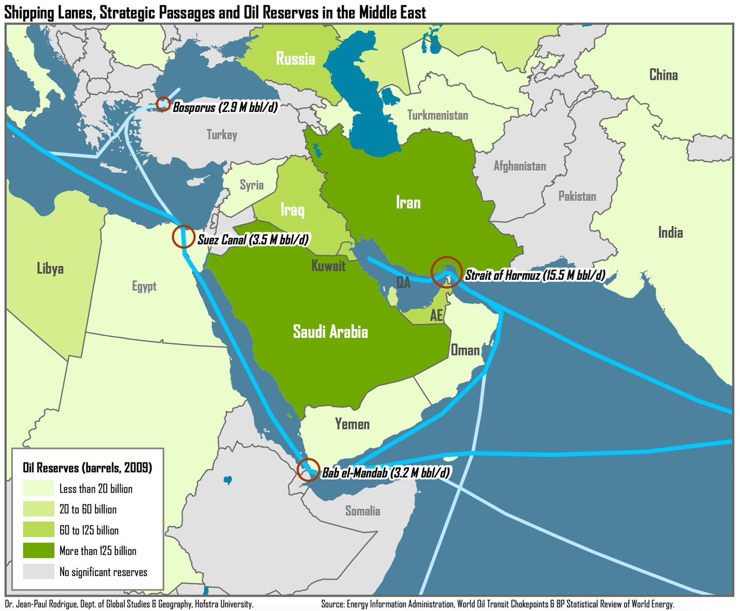 A map of the strategic shipping lanes in the Middle East. <em>Credit: Energy Information Administration, World Oil Transit Chokepoints &amp; BP Statistical Review of World Energy</em>