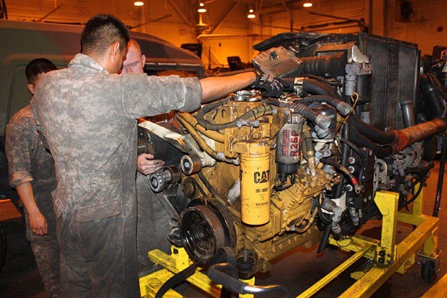 Stryker's Caterpillar six-cylinder Diesel engine delivers a top speed of more than 60 mph. (U.S. Army photo)