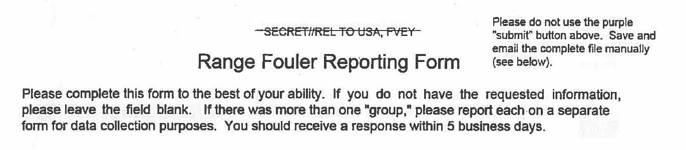The header from one of the newly released range fouler reports, with the classification marking at the top also struck through as part of the declassification process. <em>U.S. Navy</em>
