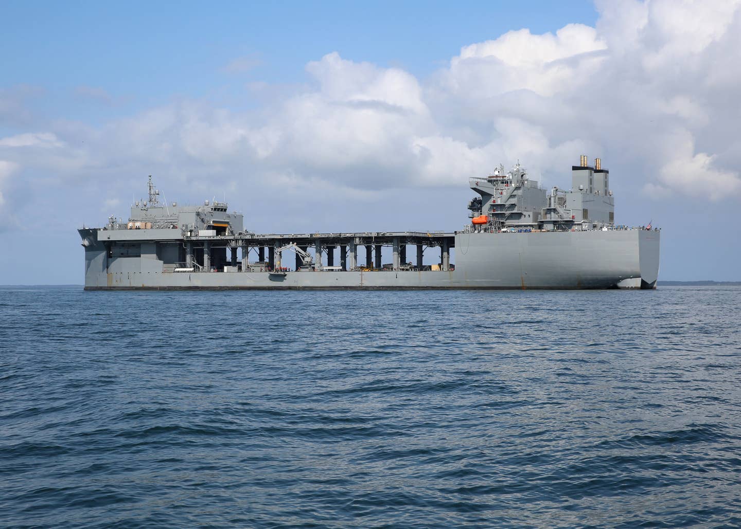 USS <em>Hershel 'Woody' Williams</em> (ESB 4) is at anchor in the Chesapeake Bay, Sept. 15, 2019 during mine countermeasure equipment testing. <em>Credit: U.S. Navy photo by Bill Mesta</em>