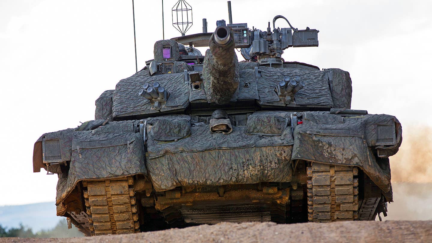 The "Megatron" test tank equipped with the TES Kit and the Mobile Camouflage System (MCS). <em>Crown Copyright</em>