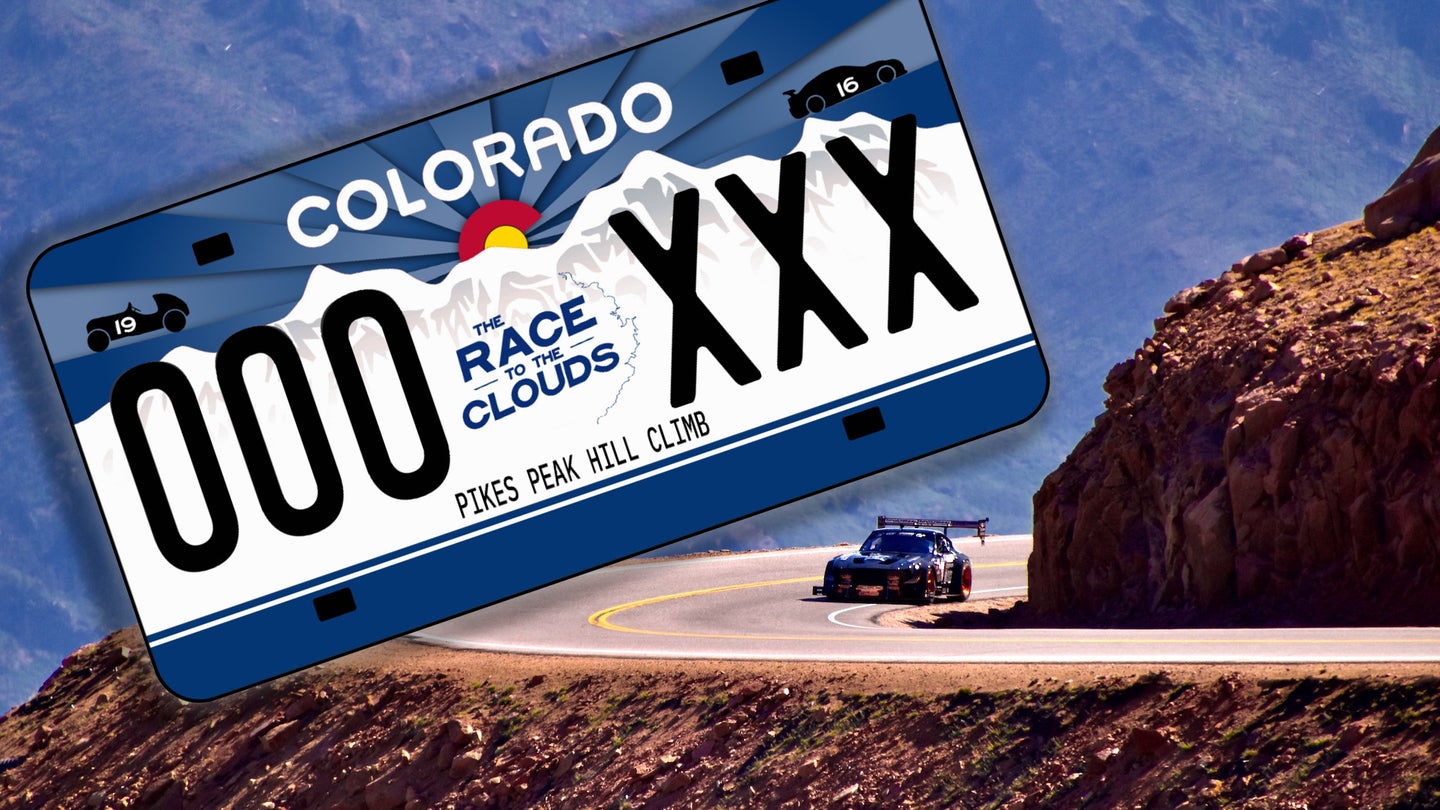 Colorado's Pikes Peak International Hill Climb license plate overlaid on a photo of a Nissan Z race car competing at the event