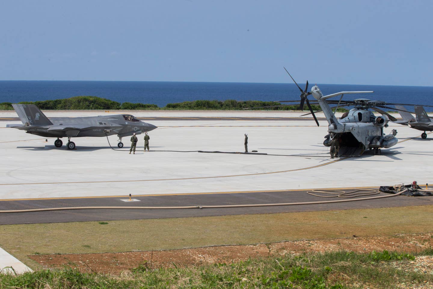 An F-35B Lightning II fighter aircraft with Marine Fighter Attack Squadron 121 refuels at an established Forward Arming and Refueling Point during simulated Expeditionary Advanced Base Operations at Ie Shima Training Facility, March 14, 2019. (U.S. Marine Corps photo by Lance Cpl. Dylan Hess)