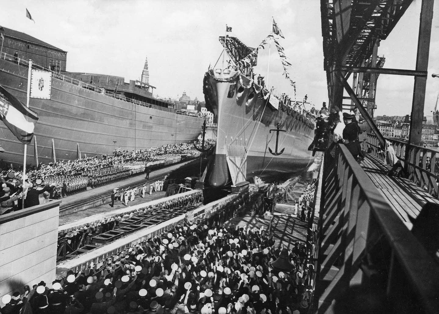 Launching of the German heavy cruiser&nbsp;<em>Prinz Eugen</em>, August 22, 1938. <em>Ullstein Bild via Getty Images</em>