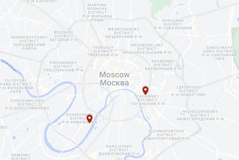 A map showing the locations of the Ministry of Defense headquarters, at left, and the building linked to the Ministry of Education, at right, in Moscow that now appear to have Panstir air defense systems emplaced on top. <em>Google Maps</em>