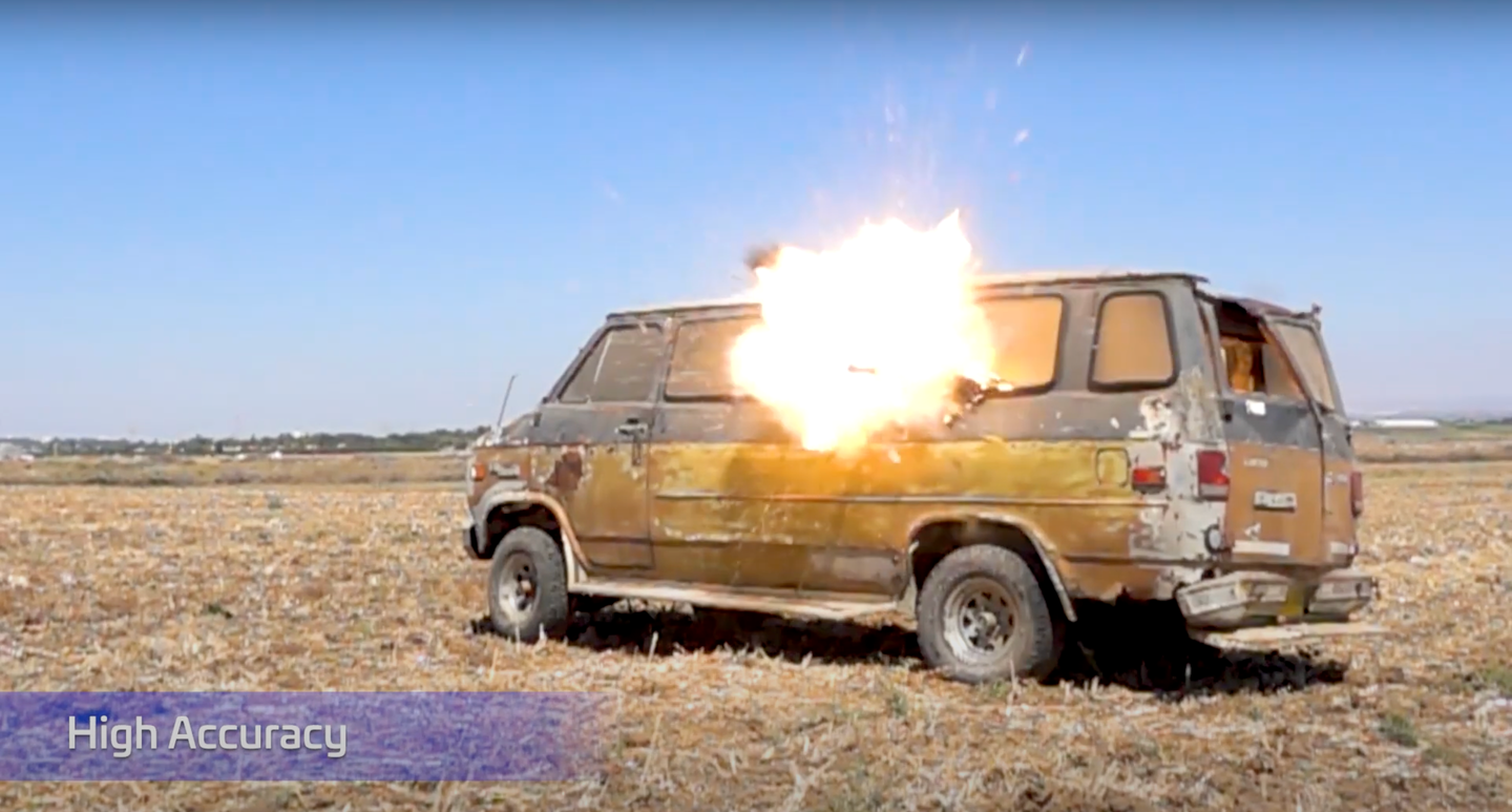 A screengrab from Point Blank's promotional video showing the munition striking a target. <em>Credit: IAI YouTube video</em>