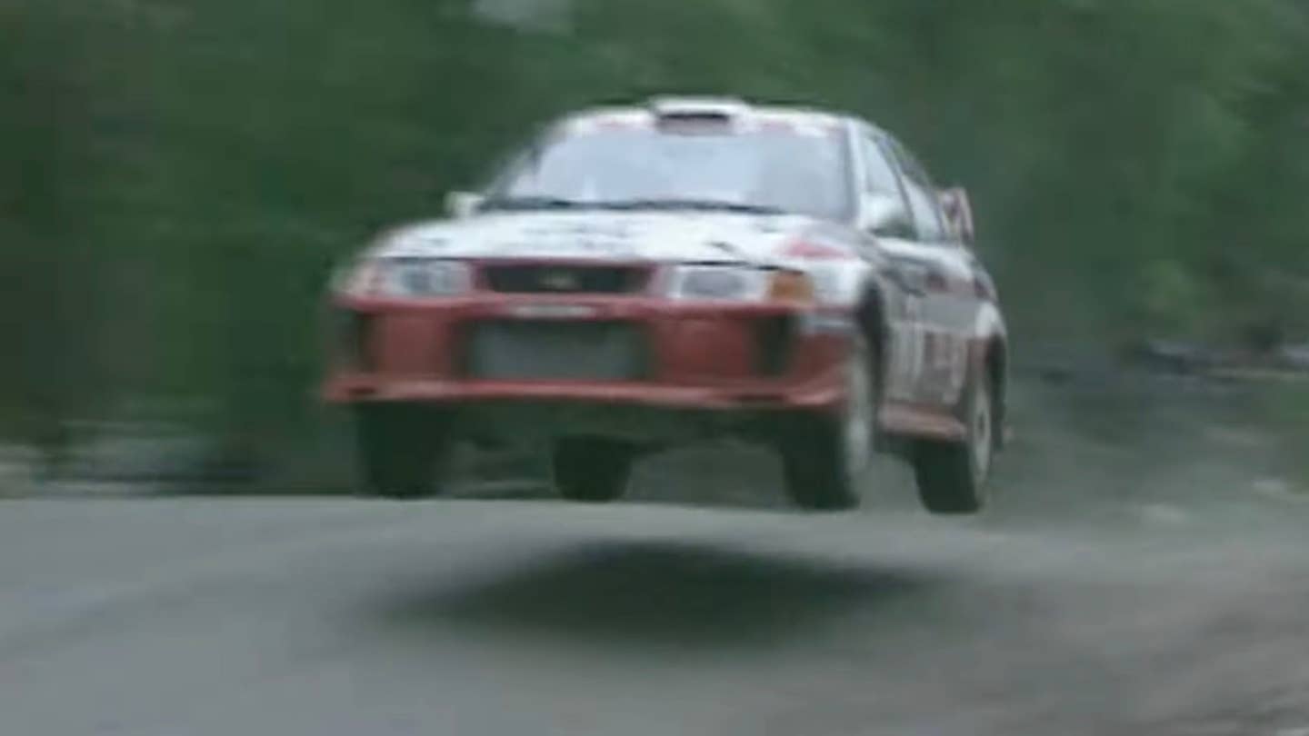 Mitsubishi Lancer Evolution takes flight during the 1998 World Rally Championship
