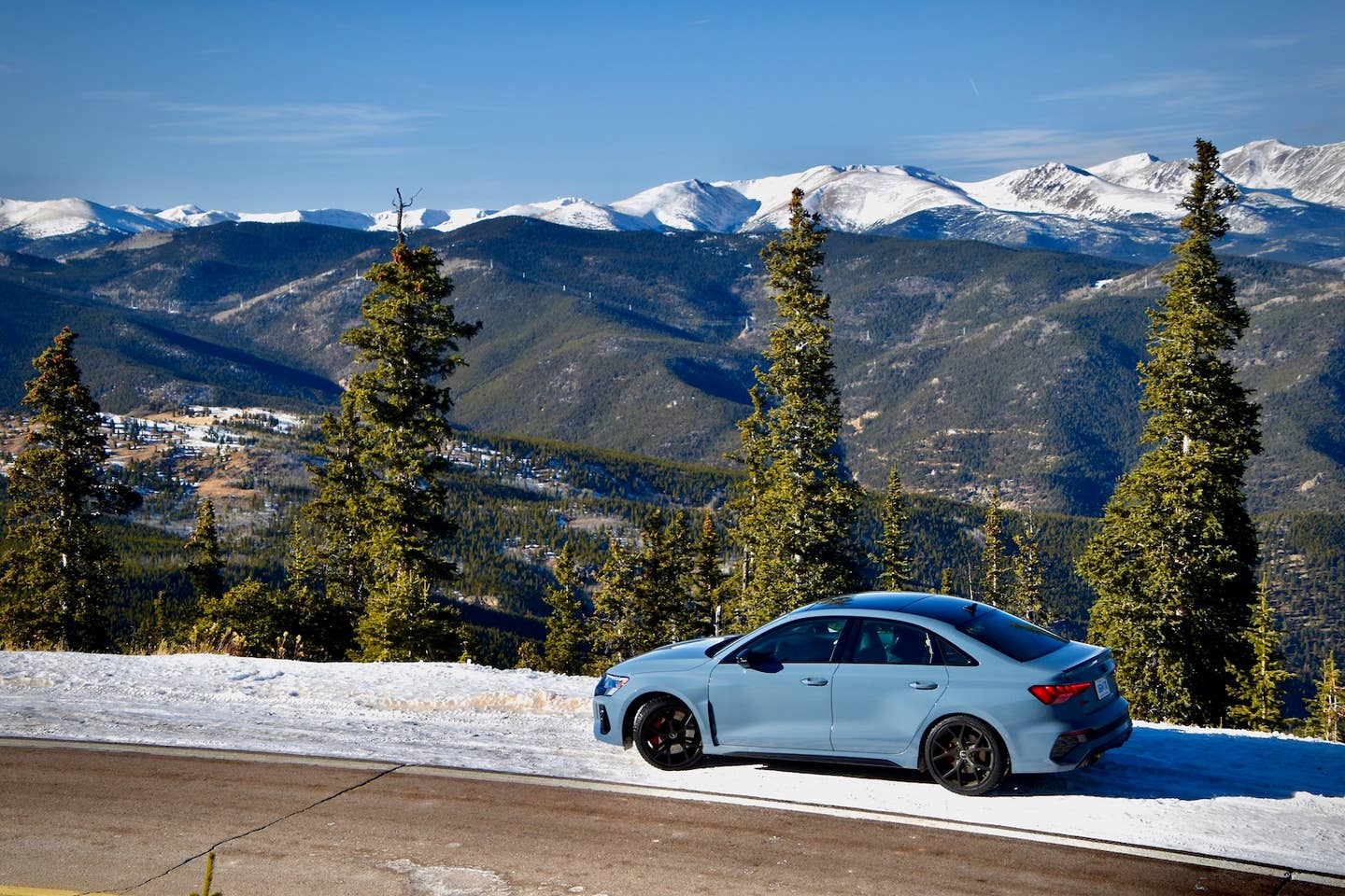 The 2022 Audi RS3 overlooks the Rocky Mountains of Colorado. <em>James Gilboy</em>