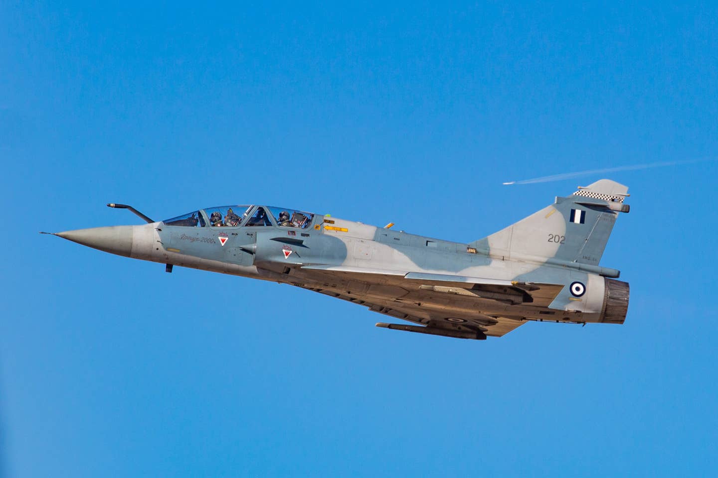 One of the Hellenic Air Force’s two-seat Mirage 2000BG combat trainers. <em>Photo by Nicolas Economou/NurPhoto via Getty Images</em>