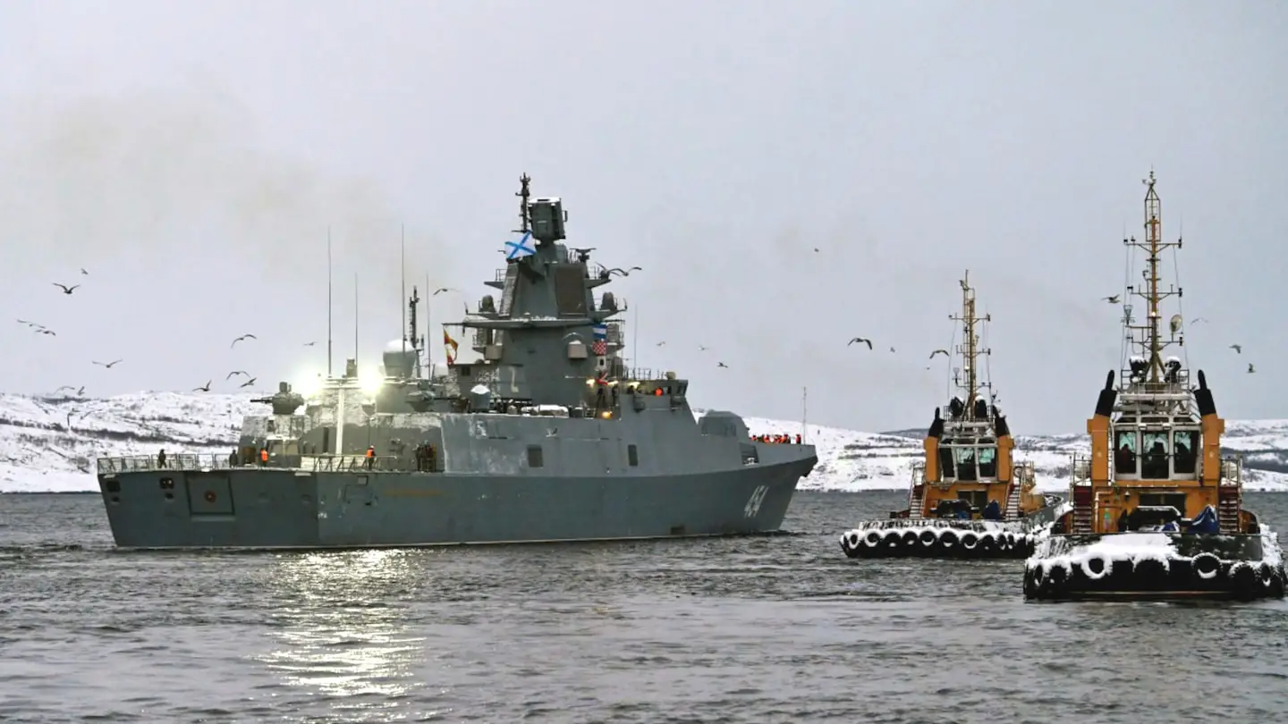 The Russian Navy's frigate&nbsp;<em>Admiral Gorshkov</em>&nbsp;leaves port on, or about, January 4, 2023.<em>&nbsp;Credit: TASS</em>