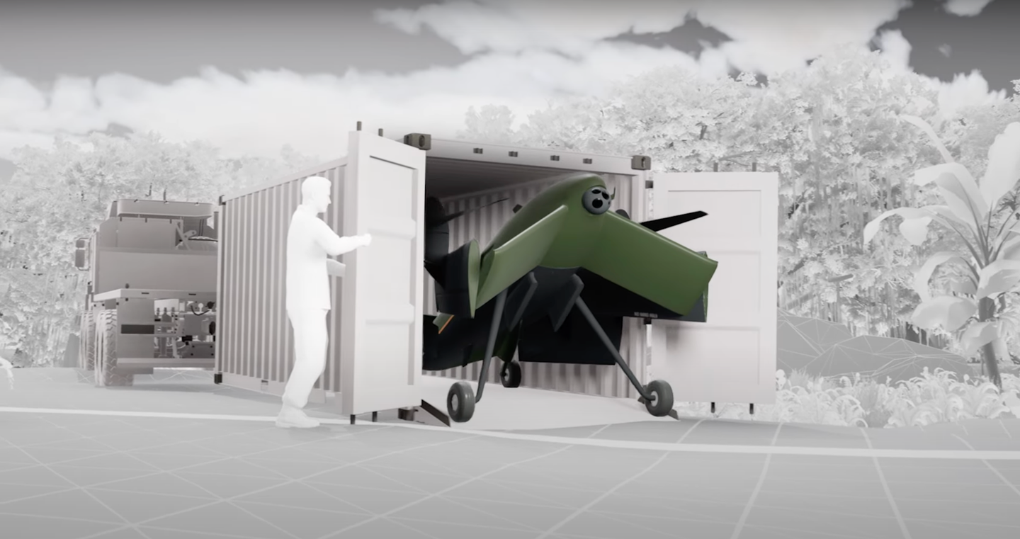 Screengrab from the BAE Australia video showing STRIX being deployed with its wings folded from a standard shipping container. <em>Credit: BAE Australia</em>