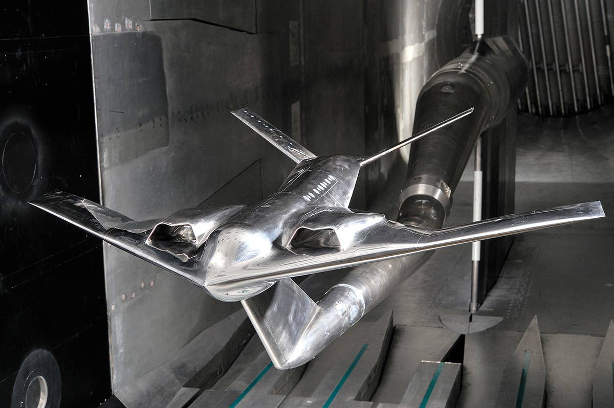 A wind tunnel model of a large blend wing-body aircraft concept from Boeing that was tested as part of a US Air Force-led project called Speed Agile in early 2010s. <em>NASA</em>