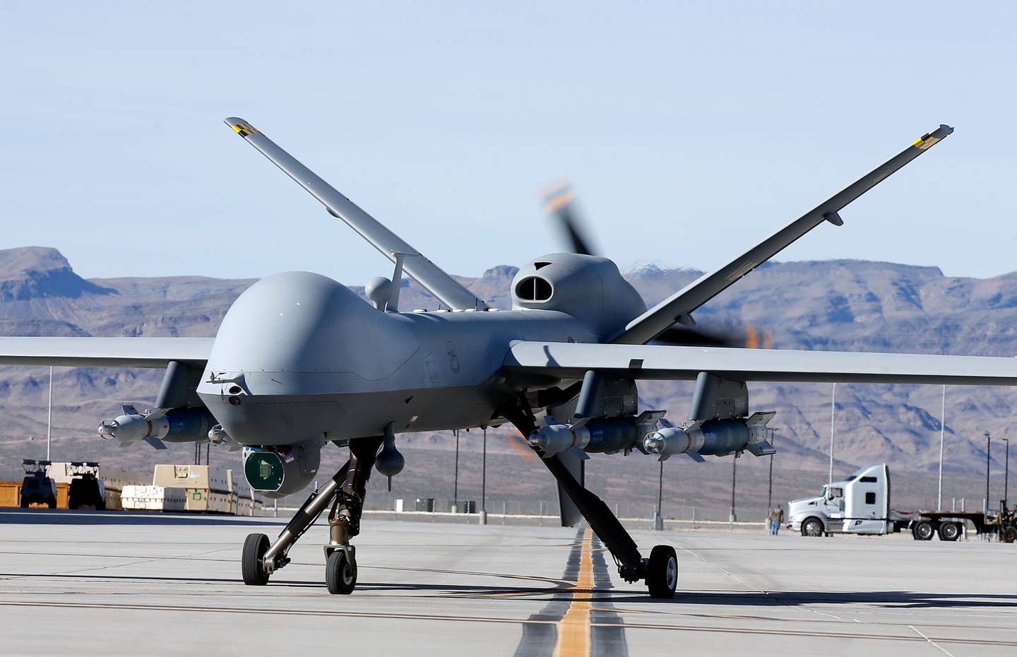 An MQ-9 Reaper taxis during a training mission at Creech Air Force Base on November 17, 2015, in Indian Springs, Nevada. <em>Credit: Photo by Isaac Brekken/Getty Images</em>