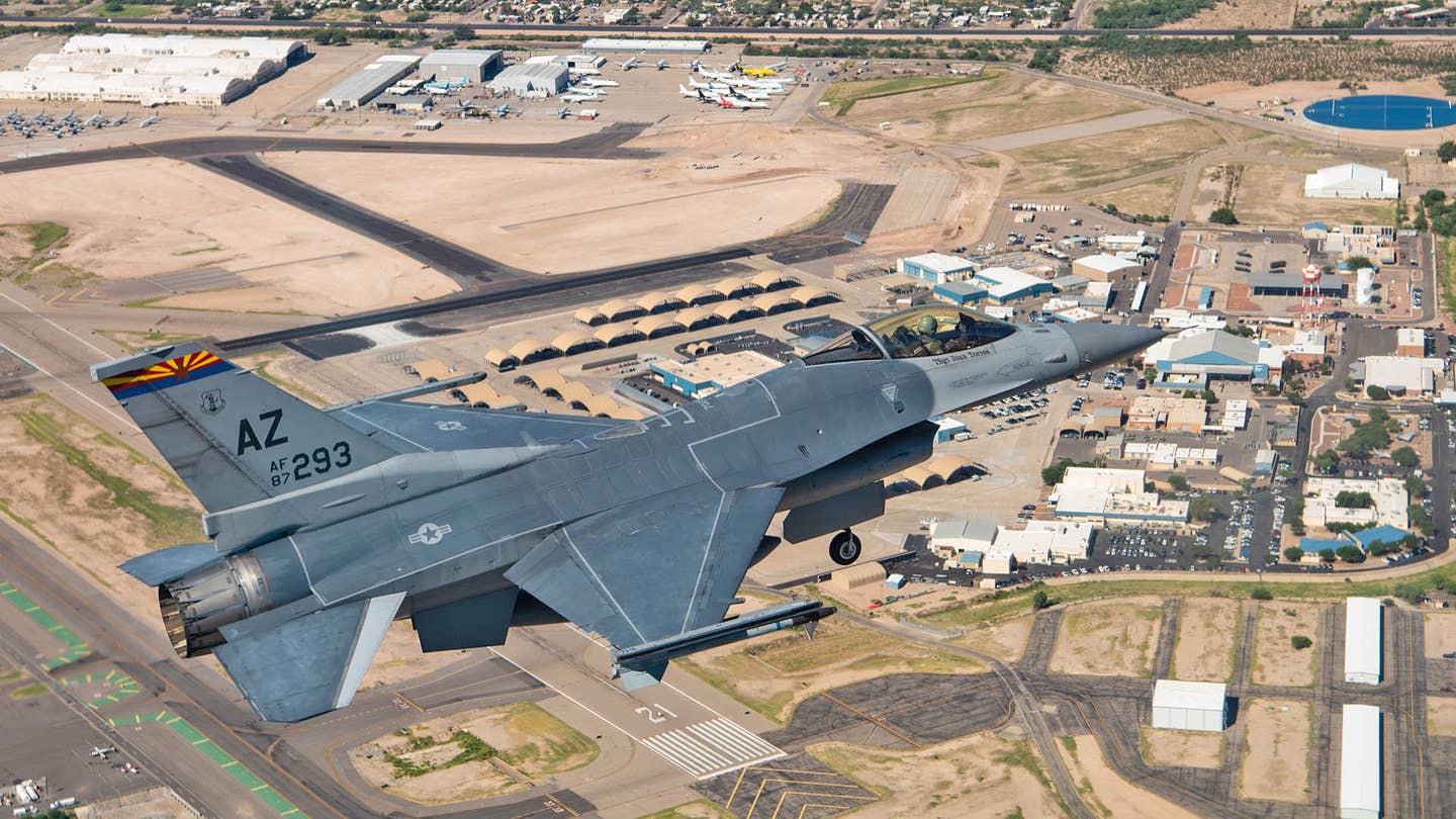 An F-16 assigned to the 162nd Wing, Morris Air National Guard Base, Tucson, Ariz., soars over the skies during a recent training Mission. (U.S. Air National Guard photo by Tech. Sgt. Hampton E. Stramler)