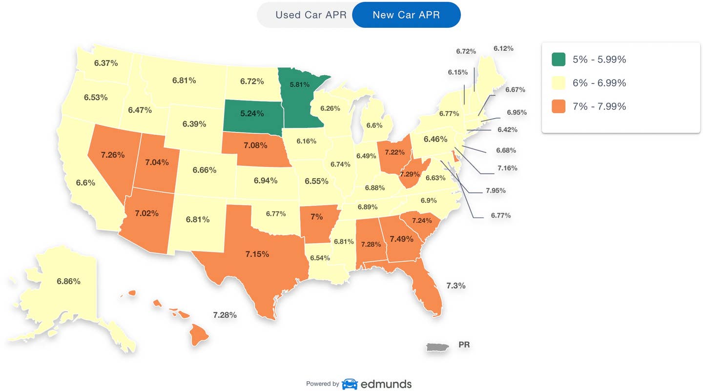 Average new car loan APR by state. <em>Edmunds</em>