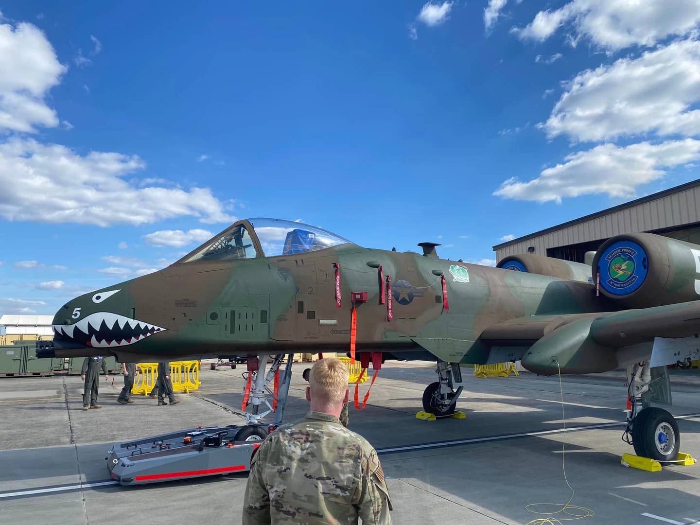 A side view of the newly painted A-10. The 'Adam and Eve' emblem can be seen towards the middle of the aircraft. <em>Photo credit: 23rd Wing Commander via Facebook</em>