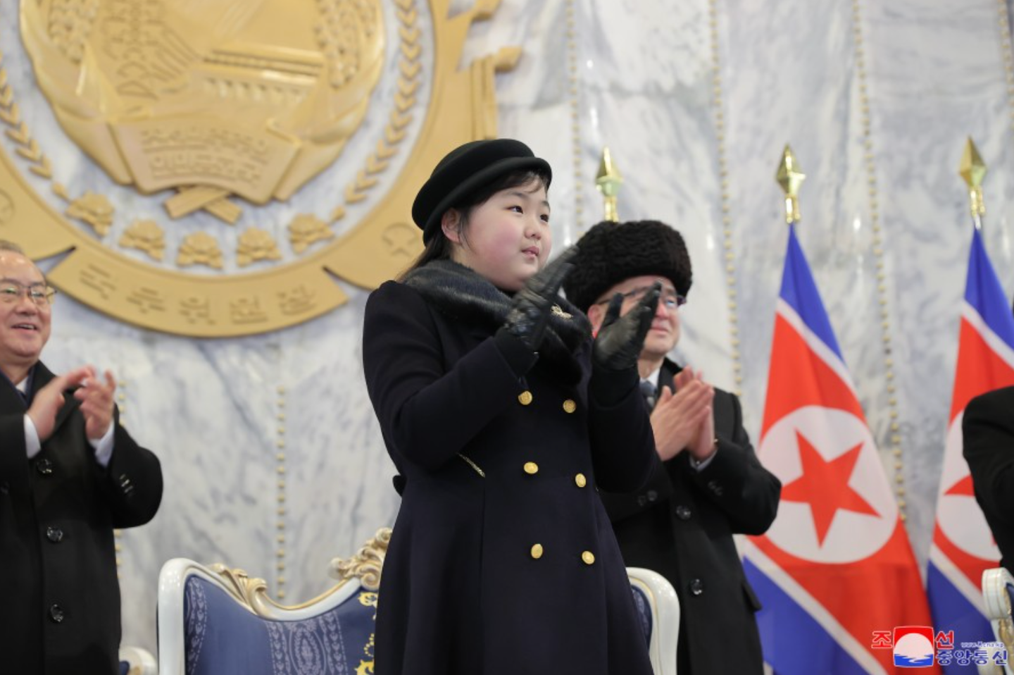 Ju Ae, who is around 9 years old, and believed to be Kim’s second child, visited a barracks and attended a banquet to mark the 75th anniversary of the founding of the Korean People’s Army. <em>KCNA</em>