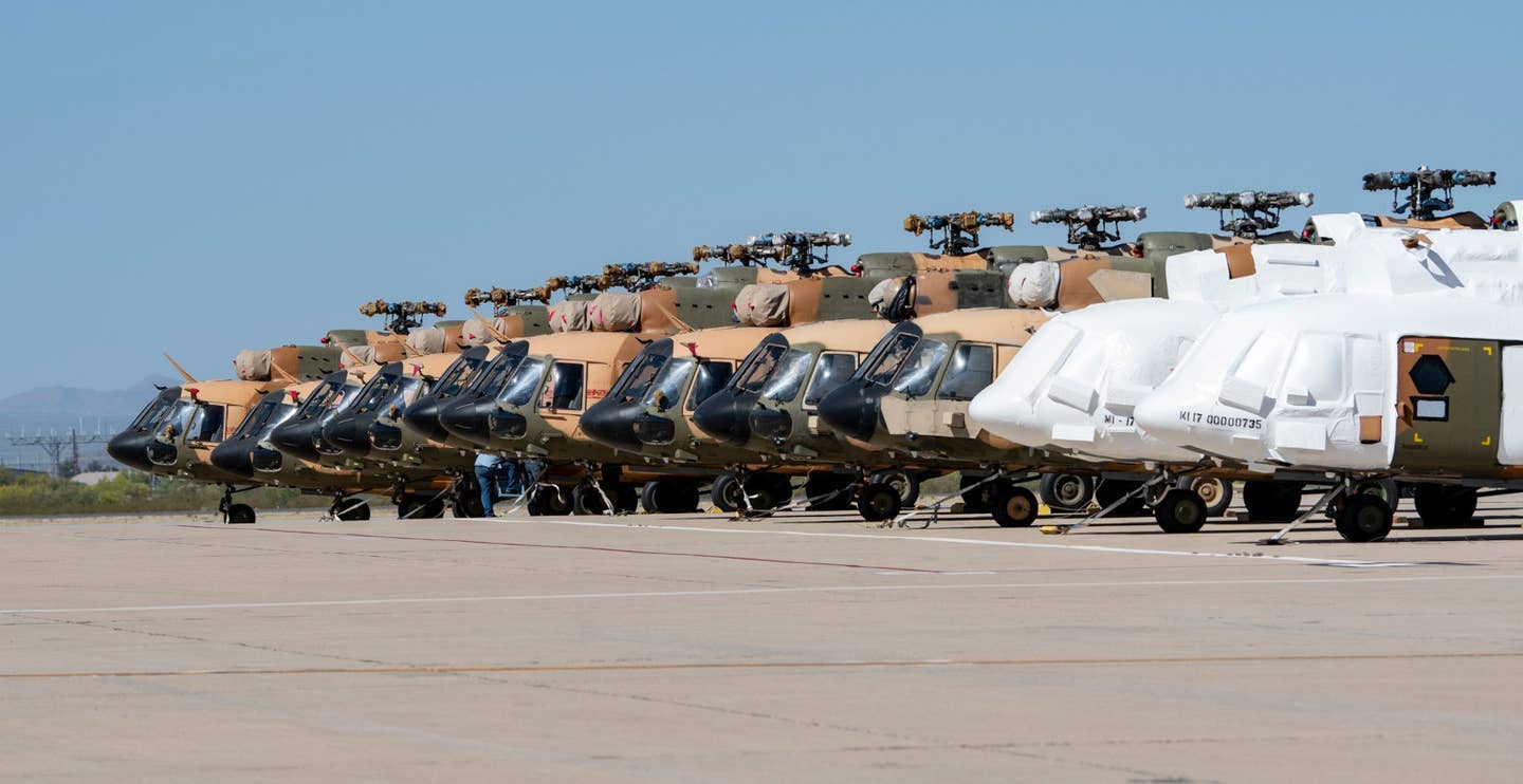 Ex-Afghan Air Force Mi-17s at the U.S. military's main aviation boneyard at Davis-Monthan Air Force Base in Arizona in the summer of 2022 ahead of their transfer to Ukraine. <em>USAF</em>