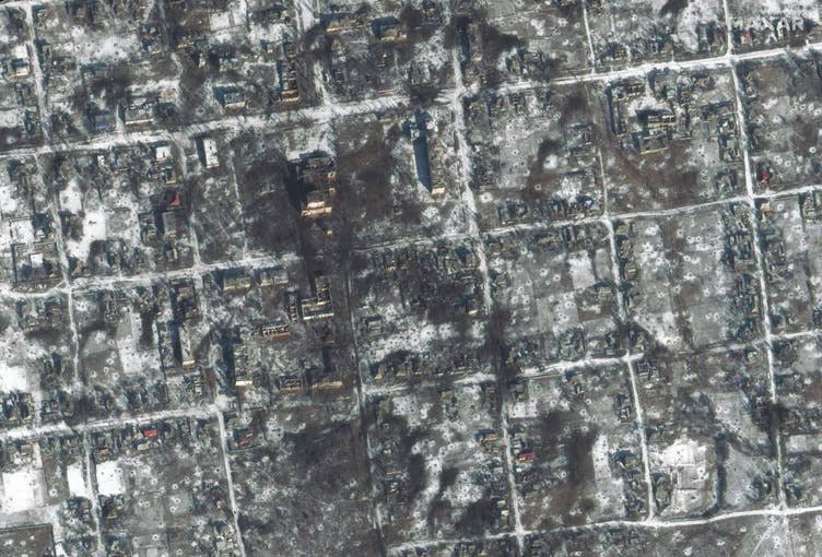 The same area of the same village, observed Feb. 10. (Satellite image ©2023 Maxar Technologies.)