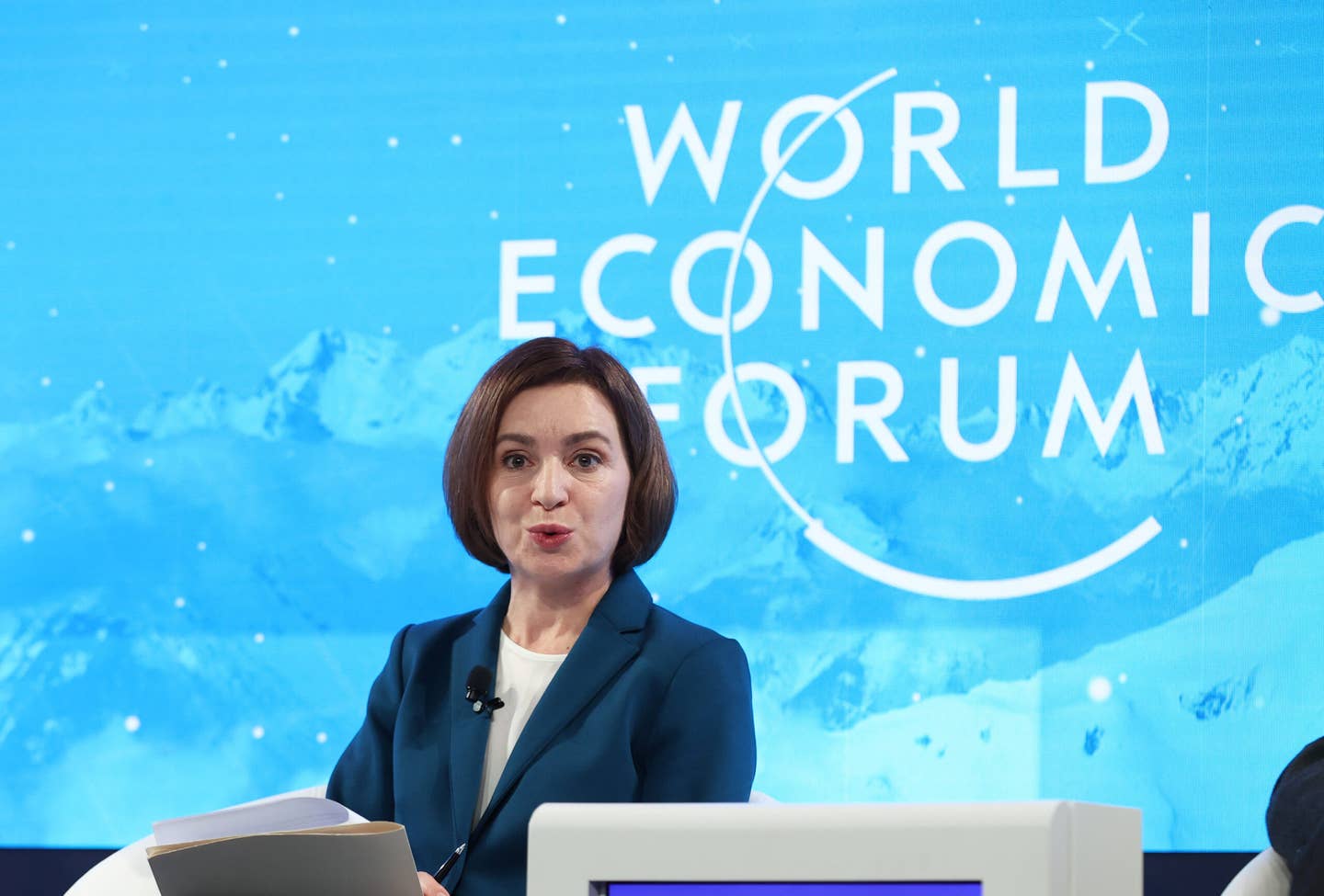 President of Moldova Maia Sandu speaks at the World Economic Forum in Davos, Switzerland, on January 17, 2023. <em>Photo by Dursun Aydemir/Anadolu Agency via Getty Images</em>