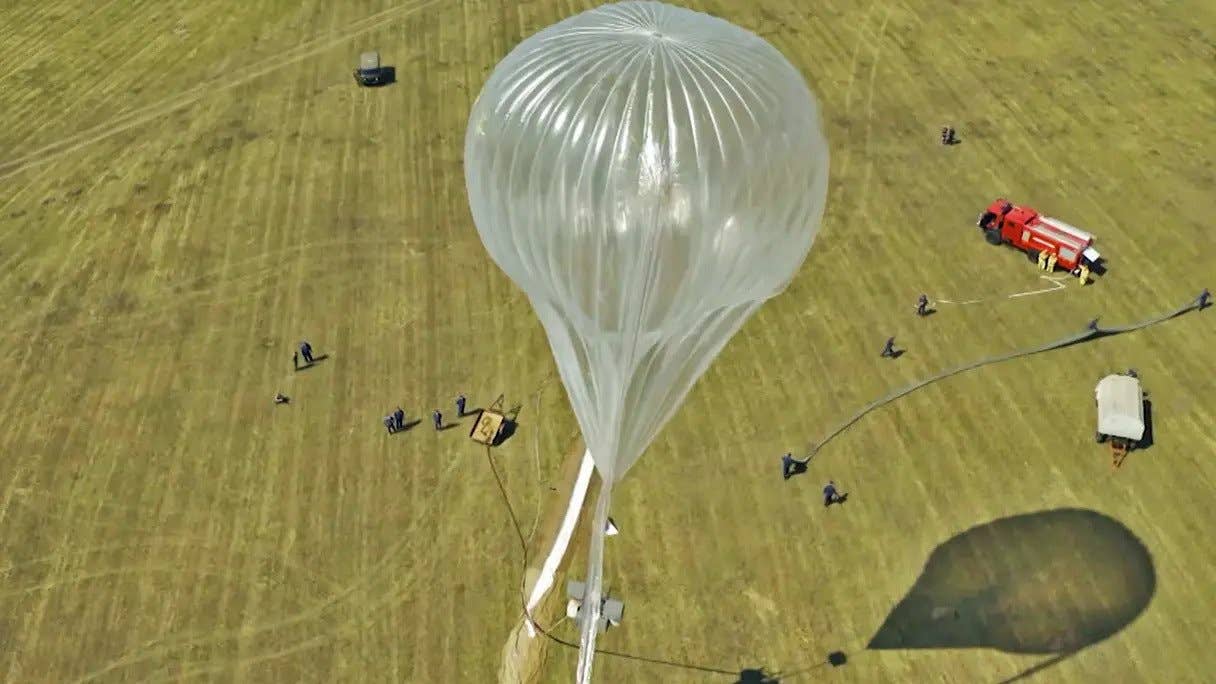 A Russian military high-altitude balloon being launched. (<em>TV ZVEZDA</em>)