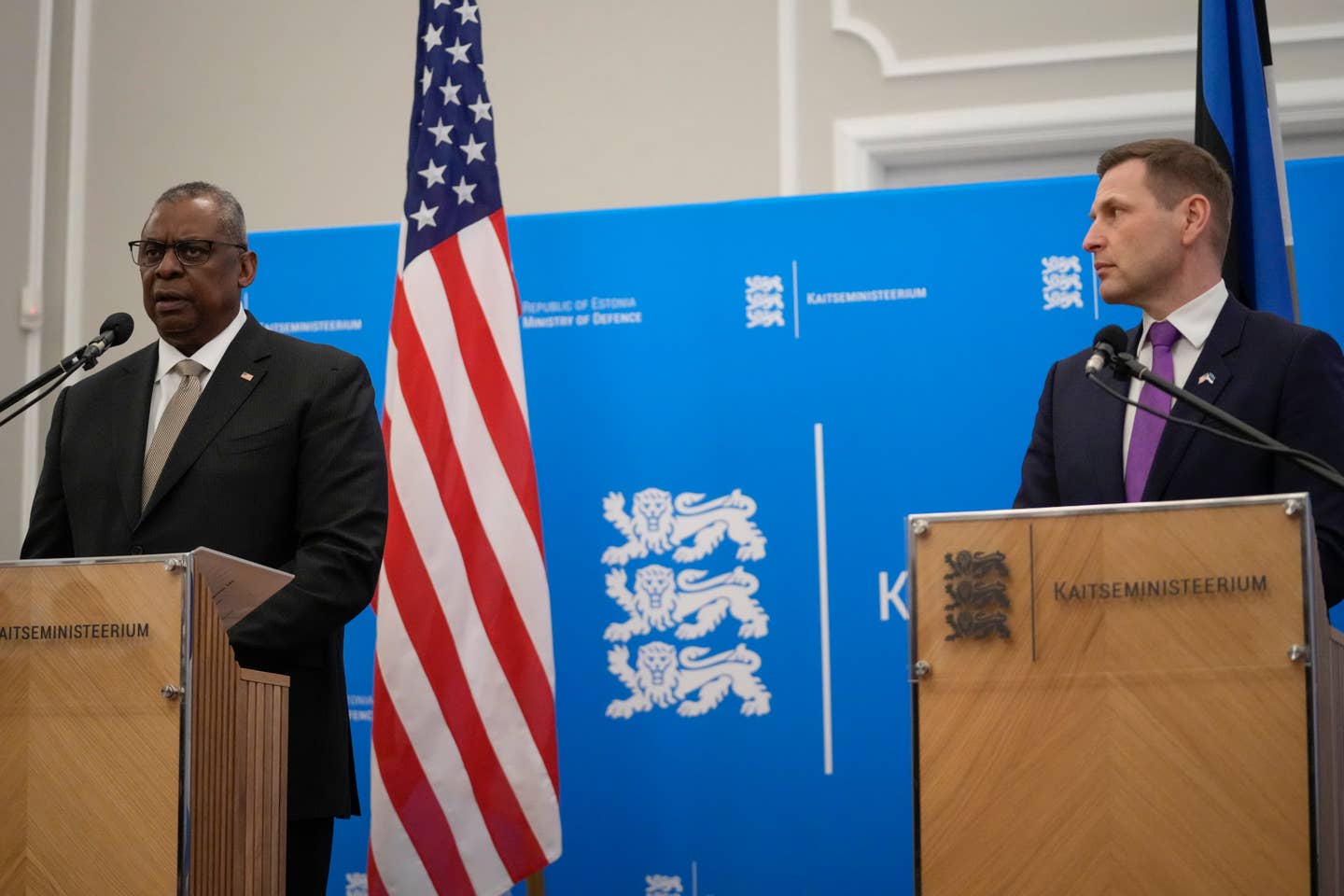 Estonian Defense Minister Hanno Pevkur, right, and United States Secretary of Defense Lloyd Austin attend a joint press conference at the Ministry of Defense after their meeting in Tallinn, Estonia, Feb. 16, 2023. (AP Photo/Sergei Grits)