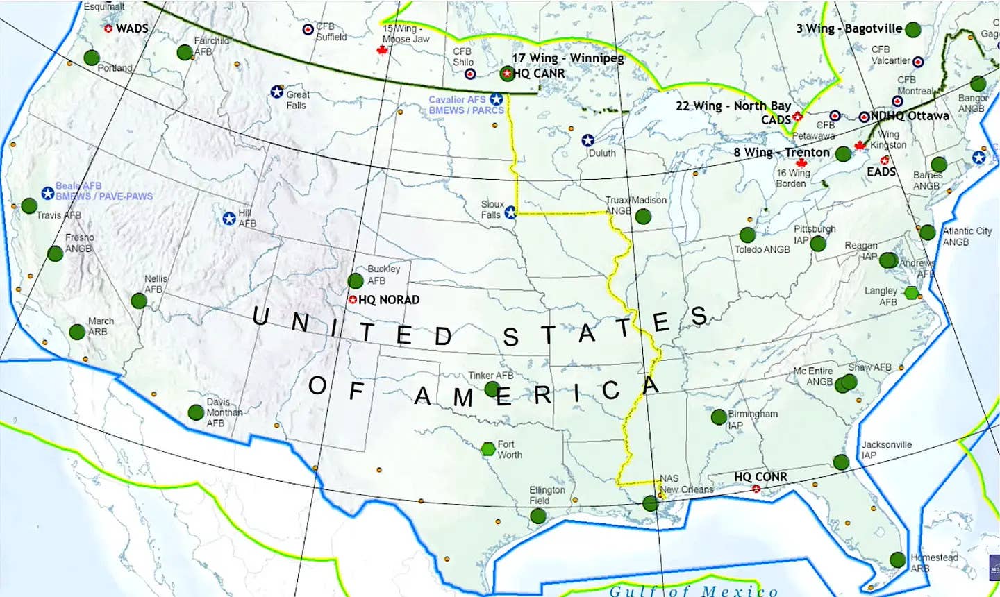 An unclassified map showing various NORAD air defense nodes in the contiguous United States. The Green circles, specifically, are bases that host U.S. Air Force fighter jets, including those assigned to Air National Guard units, that are tasked with the homeland defense mission. <em>DOD</em>