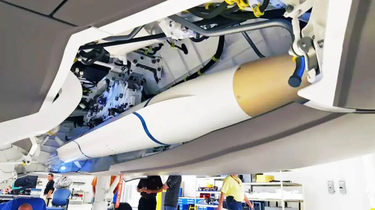 An AARGM-ER prototype during a fit check inside the internal bay of an F-35 Joint Strike Fighter, <em>Orbital ATK</em>
